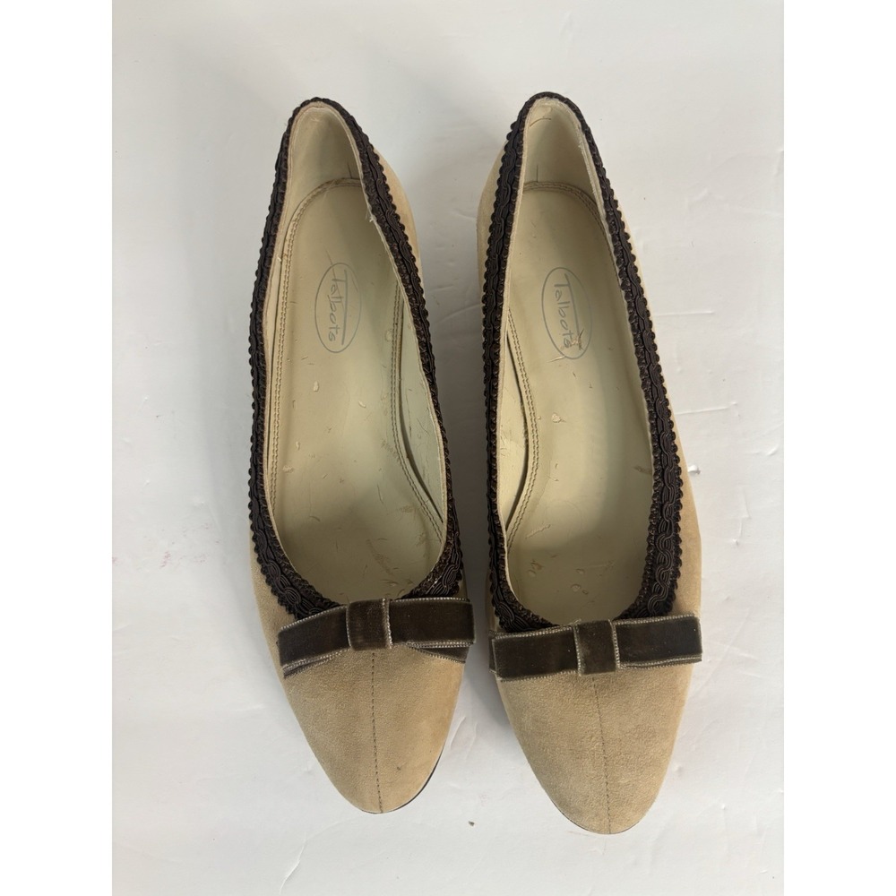 Talbots Flats Low Heel Beige Suede Brown Velvet‎ Bow - Made in Spain 9.5M